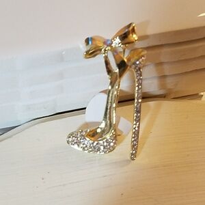 Gold Tone Rhinestone 1.75" Pin High Heel Shoe